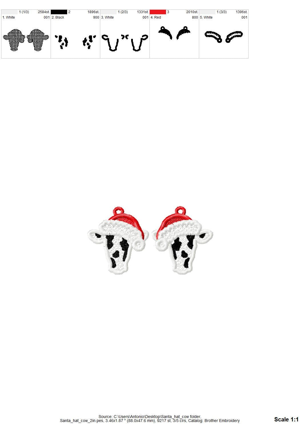 Christmas Santa Cow Earrings Charm gift tag FSL freestanding lace machine embroidery designs girls cowgirl farm animal simply in the hoop