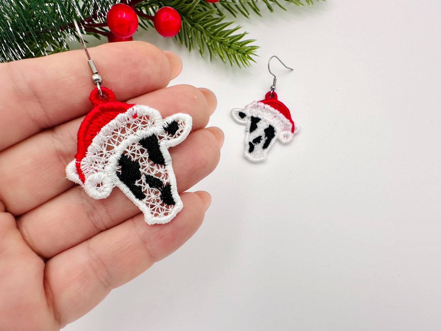 Christmas Santa Cow Earrings Charm gift tag FSL freestanding lace machine embroidery designs girls cowgirl farm animal simply in the hoop