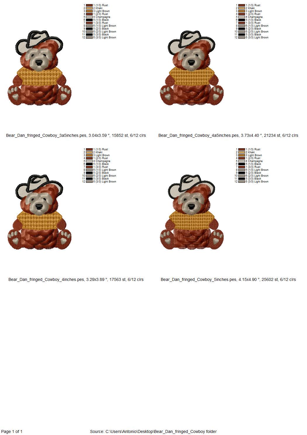 Fringed Fluffy Teddy Bear Dan With Cowboy Hat and Knit Sweater Kids Chenille Fringe Machine Embroidery Design