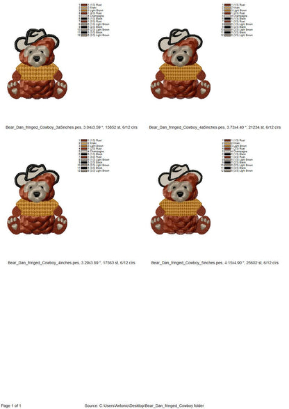 Fringed Fluffy Teddy Bear Dan With Cowboy Hat and Knit Sweater Kids Chenille Fringe Machine Embroidery Design