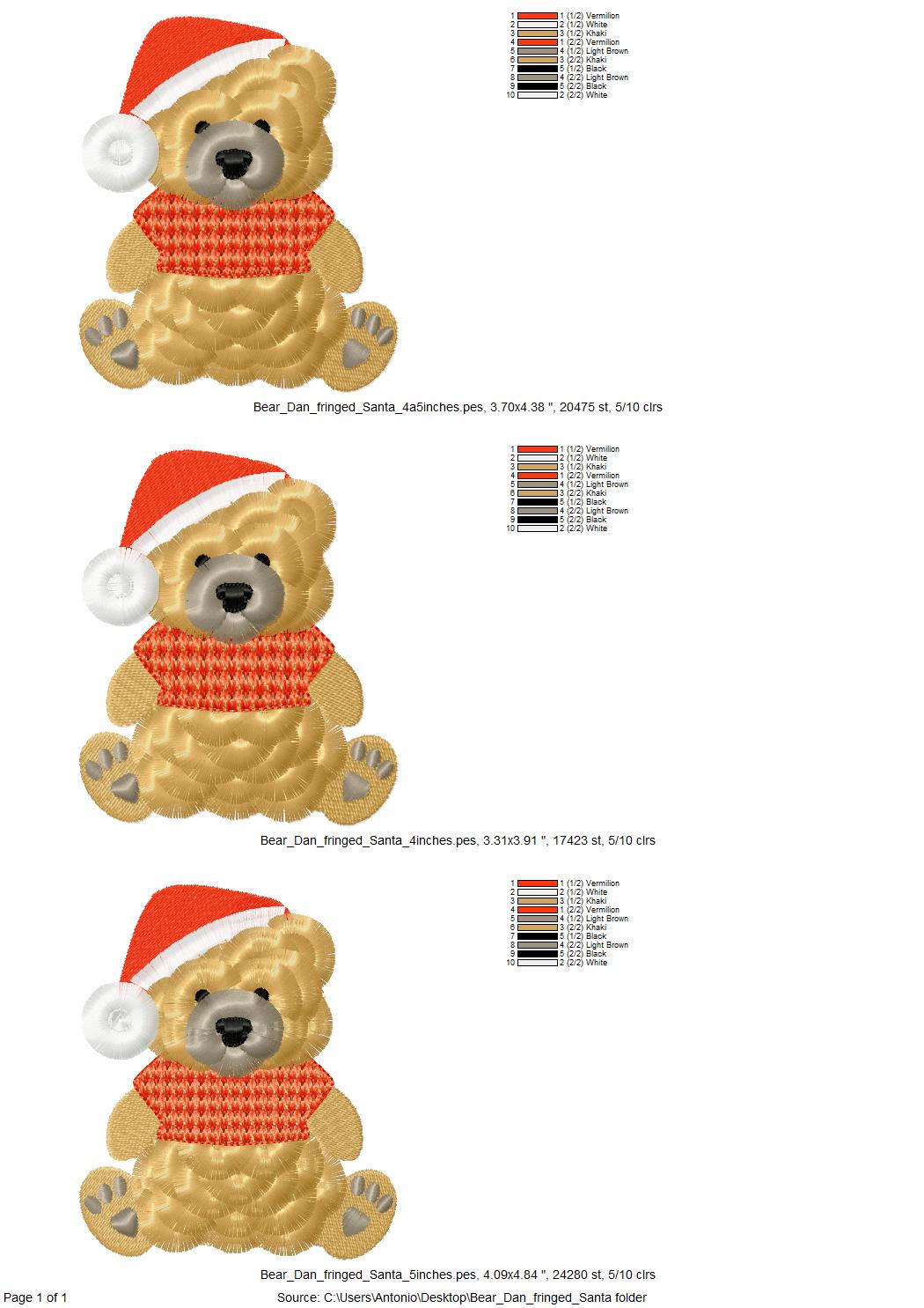 Fluffy Bear Dan With Santa Hat Knitted Sweater Fringed Chenille Teddy Bear Small Sizes Machine Embroidery Designs Christmas Animal Kids Boys
