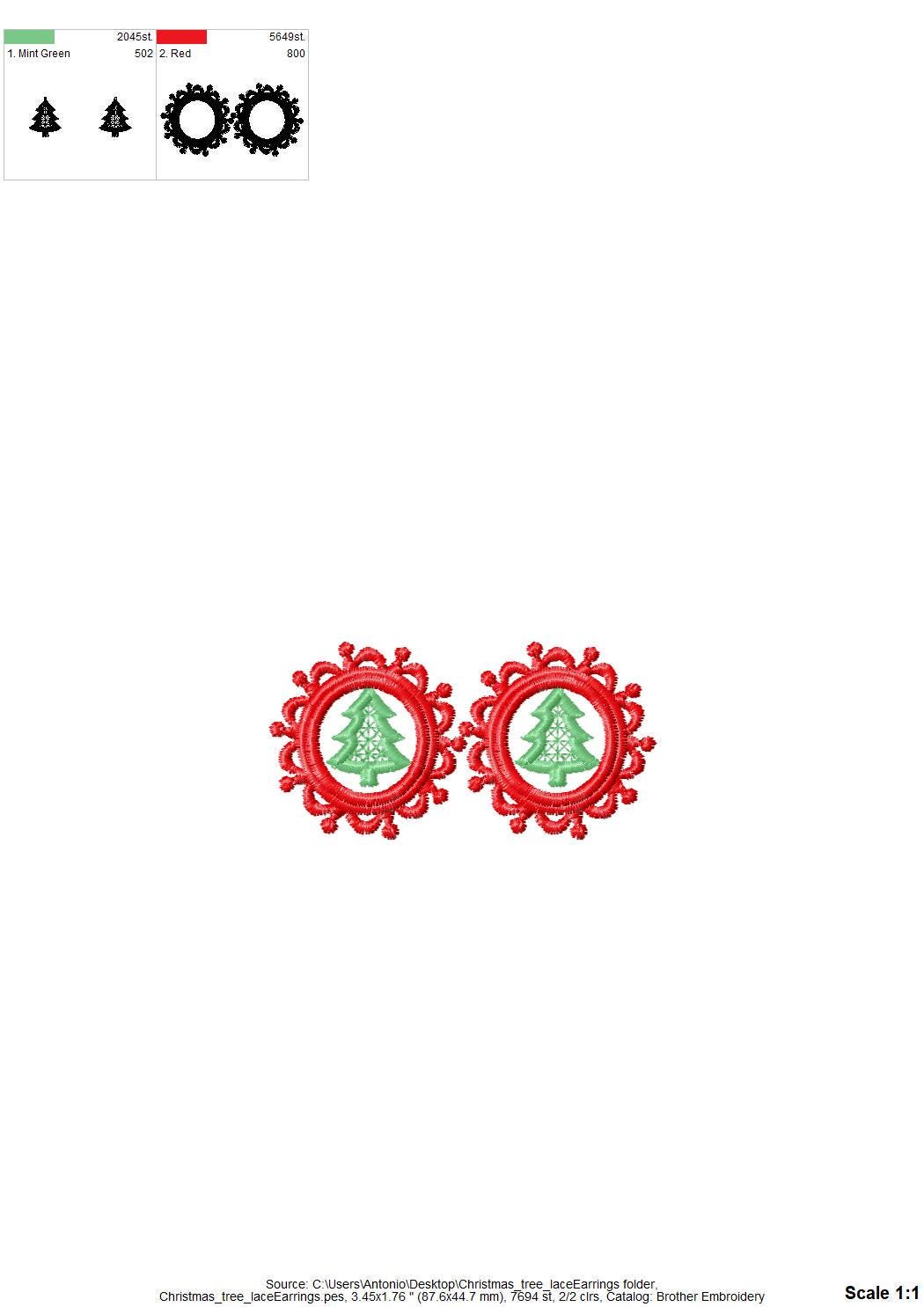 Christmas Tree lace frame Earrings Charm or gift tag FSL freestanding lace machine embroidery designs girls accessory simply in the hoop