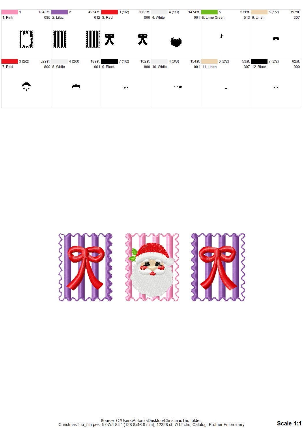 Christmas Santa and Bow Trio machine embroidery designs assorted sizes 5 up to 8 inch holidays festive and versatile design