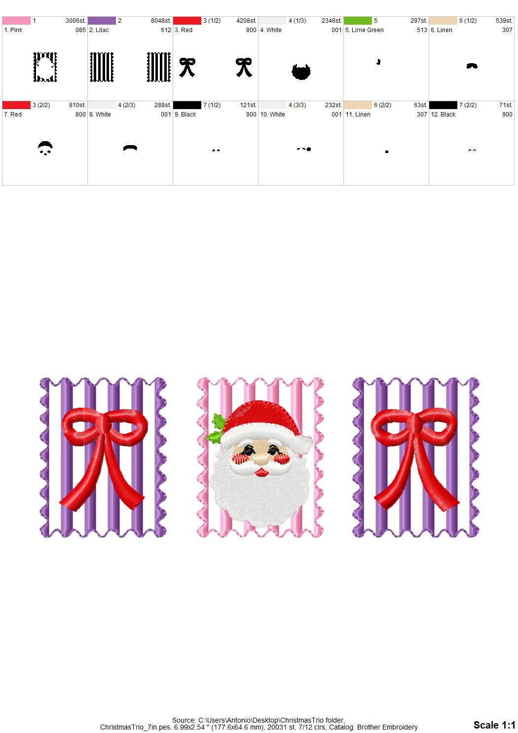 Christmas Santa and Bow Trio machine embroidery designs assorted sizes 5 up to 8 inch holidays festive and versatile design