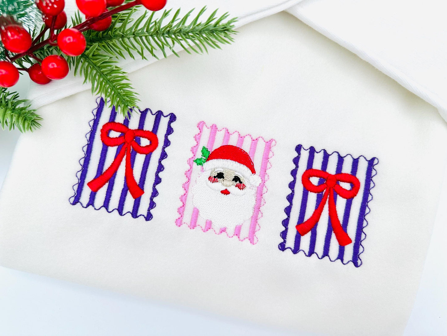 Christmas Santa and Bow Trio machine embroidery designs assorted sizes 5 up to 8 inch holidays festive and versatile design