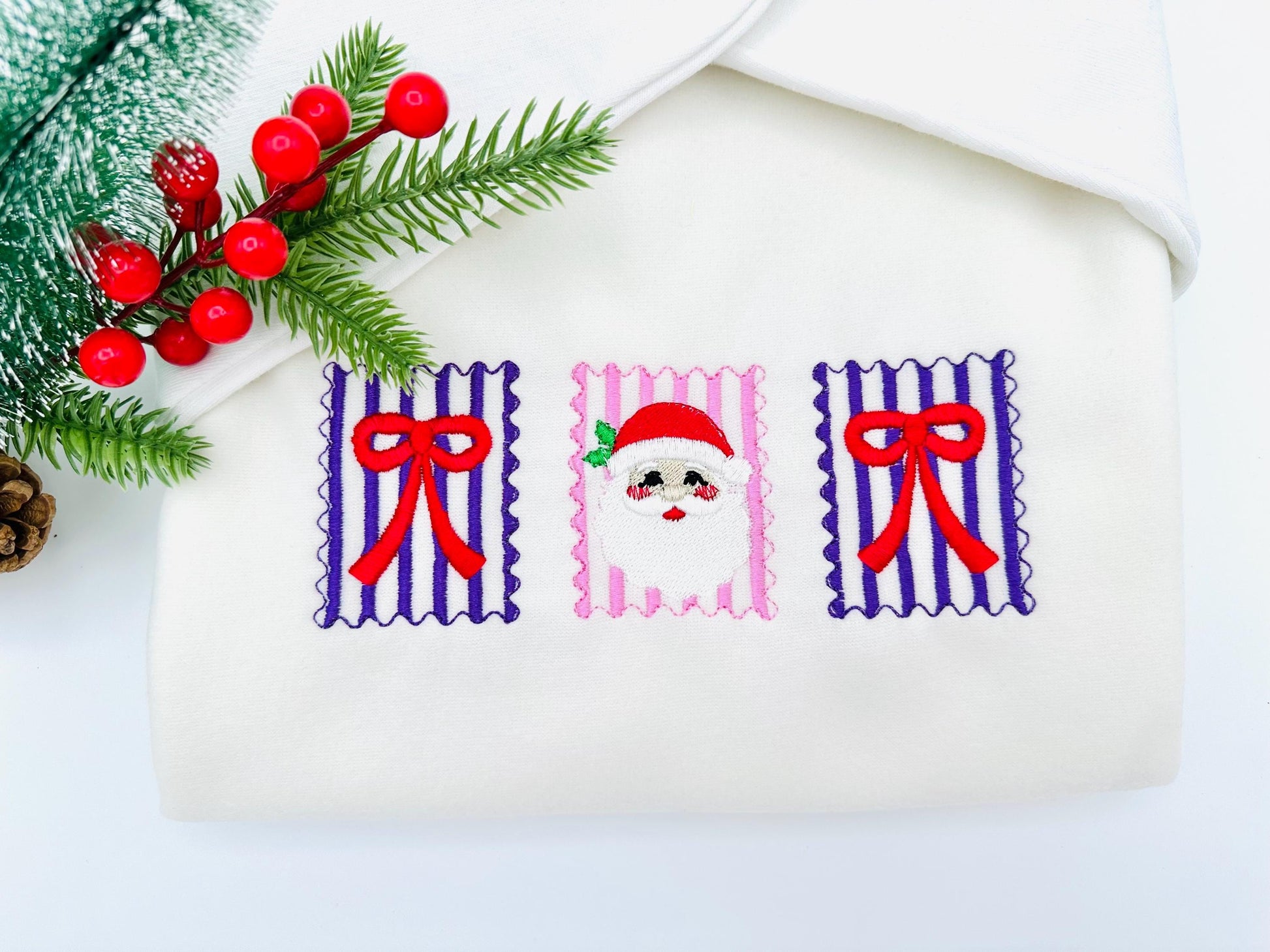 Christmas Santa and Bow Trio machine embroidery designs assorted sizes 5 up to 8 inch holidays festive and versatile design