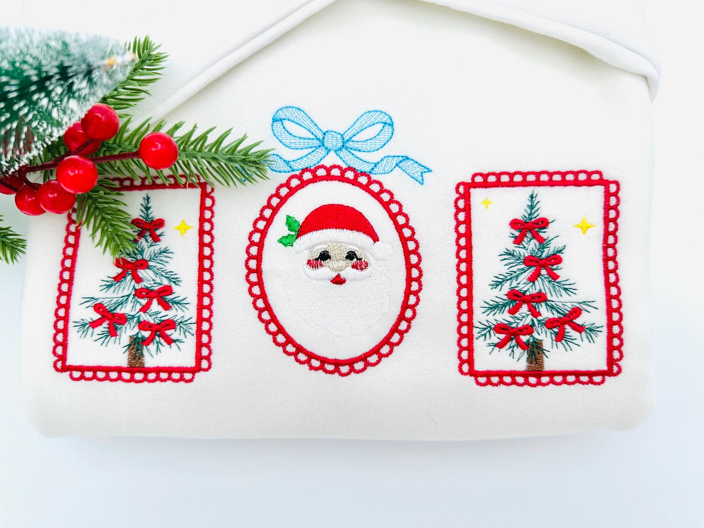 Christmas Tree and Santa Trio lace Frame and Bow machine embroidery designs sizes 7 up to 10 inch holidays festive tshirt home decor design