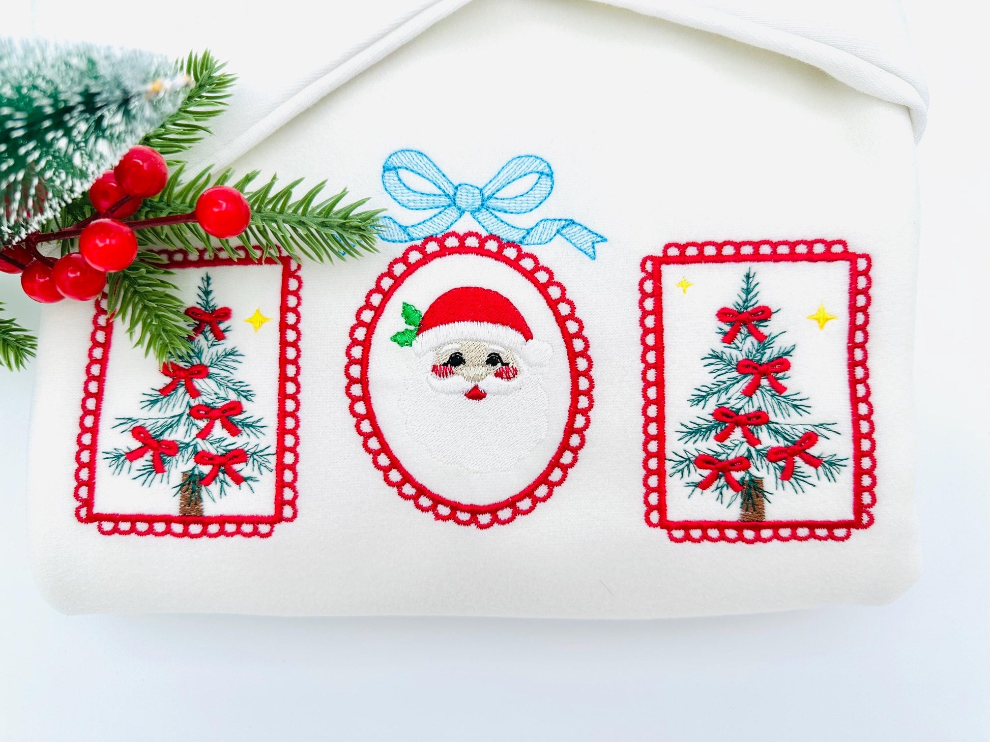 Christmas Tree and Santa Trio lace Frame and Bow machine embroidery designs sizes 7 up to 10 inch holidays festive tshirt home decor design