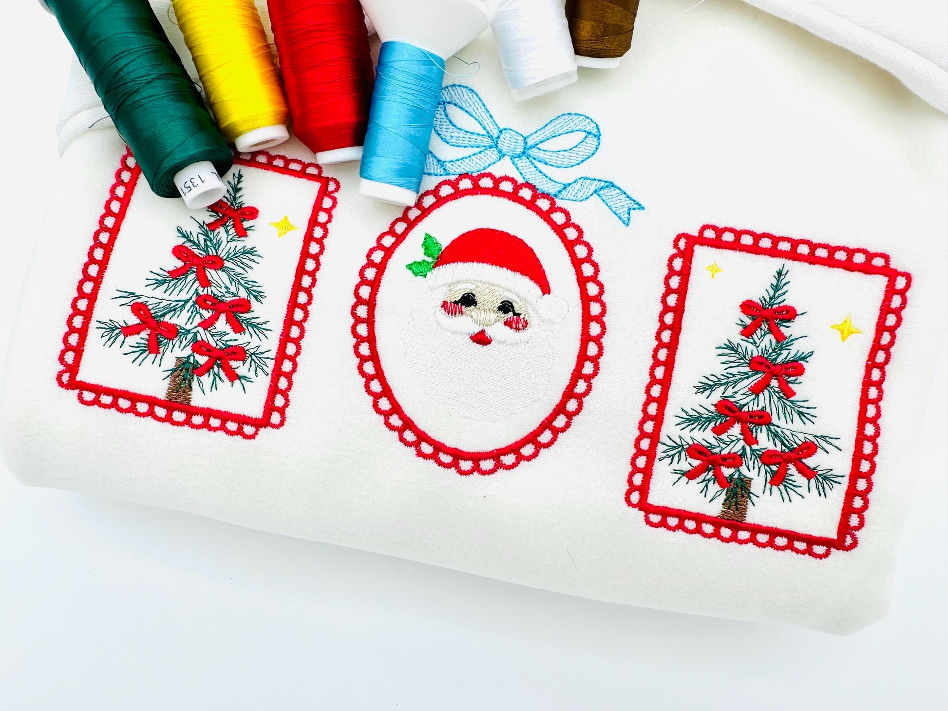 Christmas Tree and Santa Trio lace Frame and Bow machine embroidery designs sizes 7 up to 10 inch holidays festive tshirt home decor design