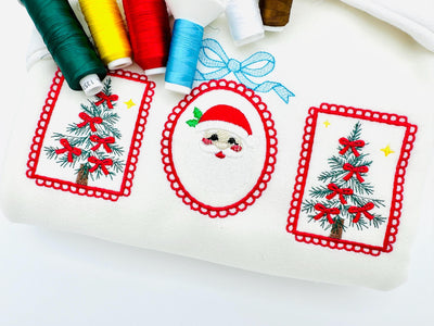 Christmas Tree and Santa Trio lace Frame and Bow machine embroidery designs sizes 7 up to 10 inch holidays festive tshirt home decor design