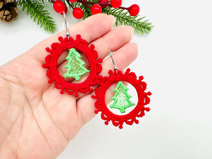 Christmas Tree lace frame Earrings Charm or gift tag FSL freestanding lace machine embroidery designs girls accessory simply in the hoop