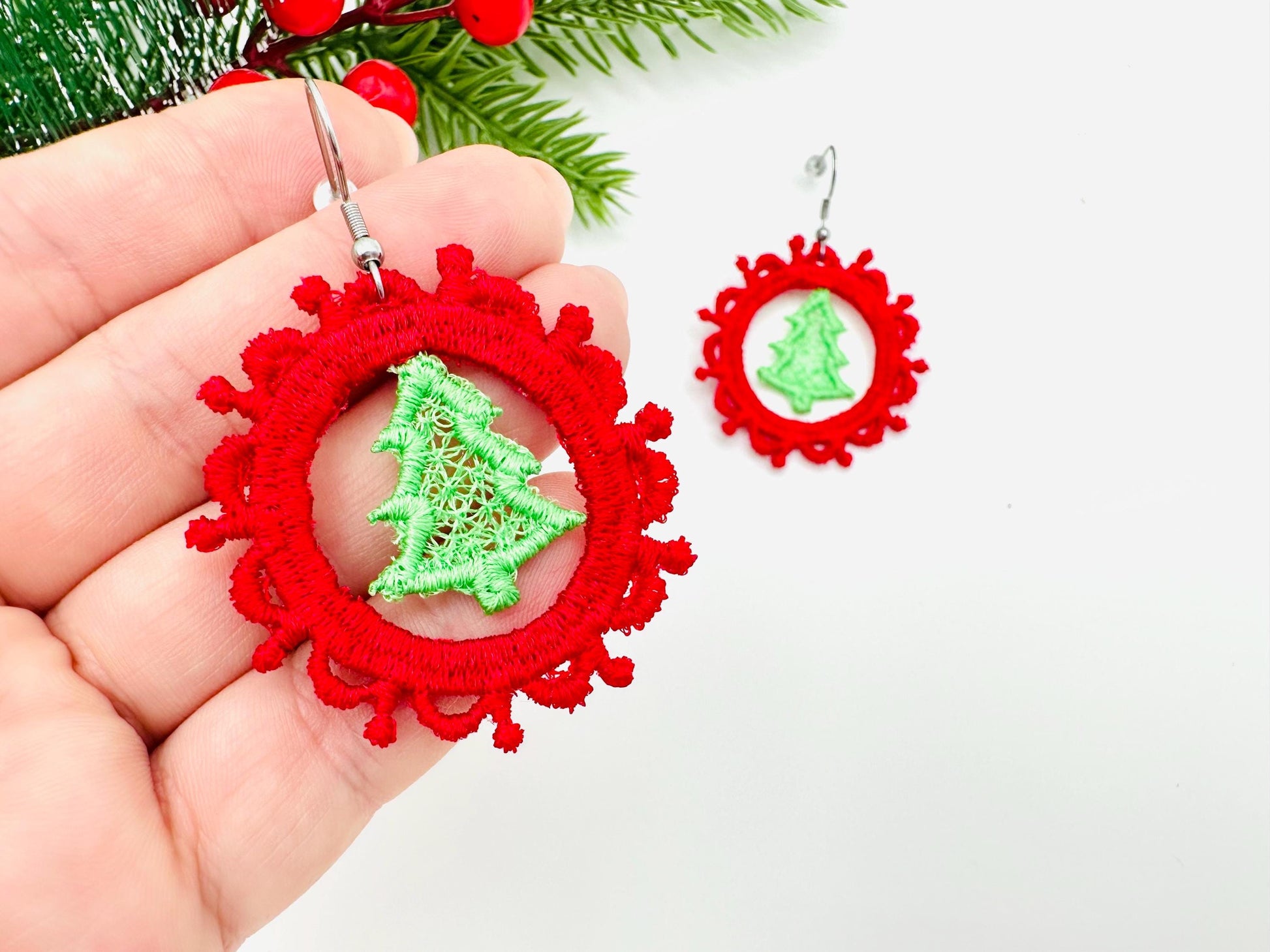 Christmas Tree lace frame Earrings Charm or gift tag FSL freestanding lace machine embroidery designs girls accessory simply in the hoop