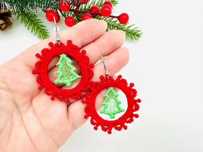 Christmas Tree lace frame Earrings Charm or gift tag FSL freestanding lace machine embroidery designs girls accessory simply in the hoop