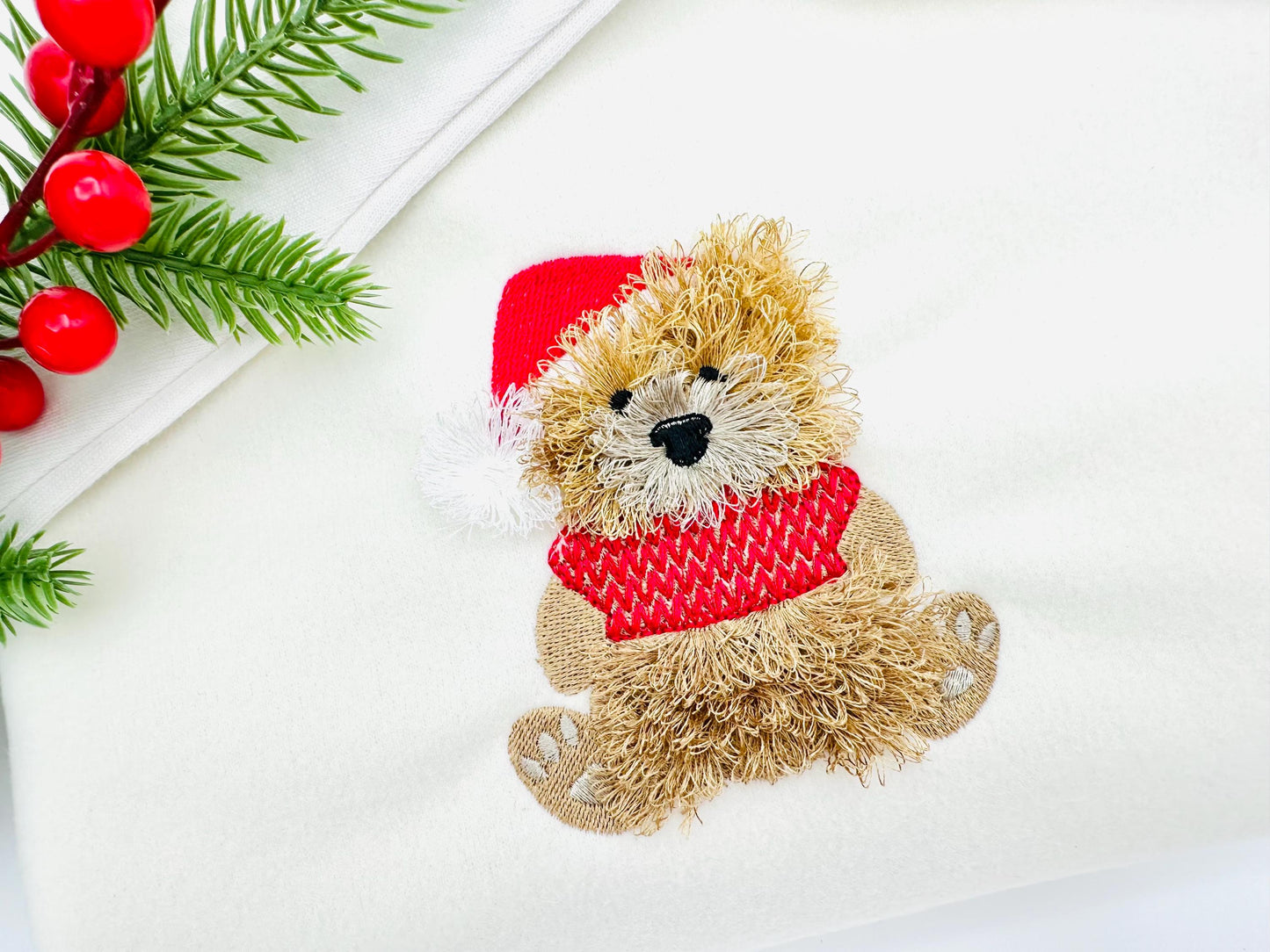 Fluffy Bear Dan With Santa Hat Knitted Sweater Fringed Chenille Teddy Bear Small Sizes Machine Embroidery Designs Christmas Animal Kids Boys