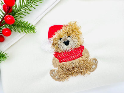 Fluffy Bear Dan With Santa Hat Knitted Sweater Fringed Chenille Teddy Bear Small Sizes Machine Embroidery Designs Christmas Animal Kids Boys
