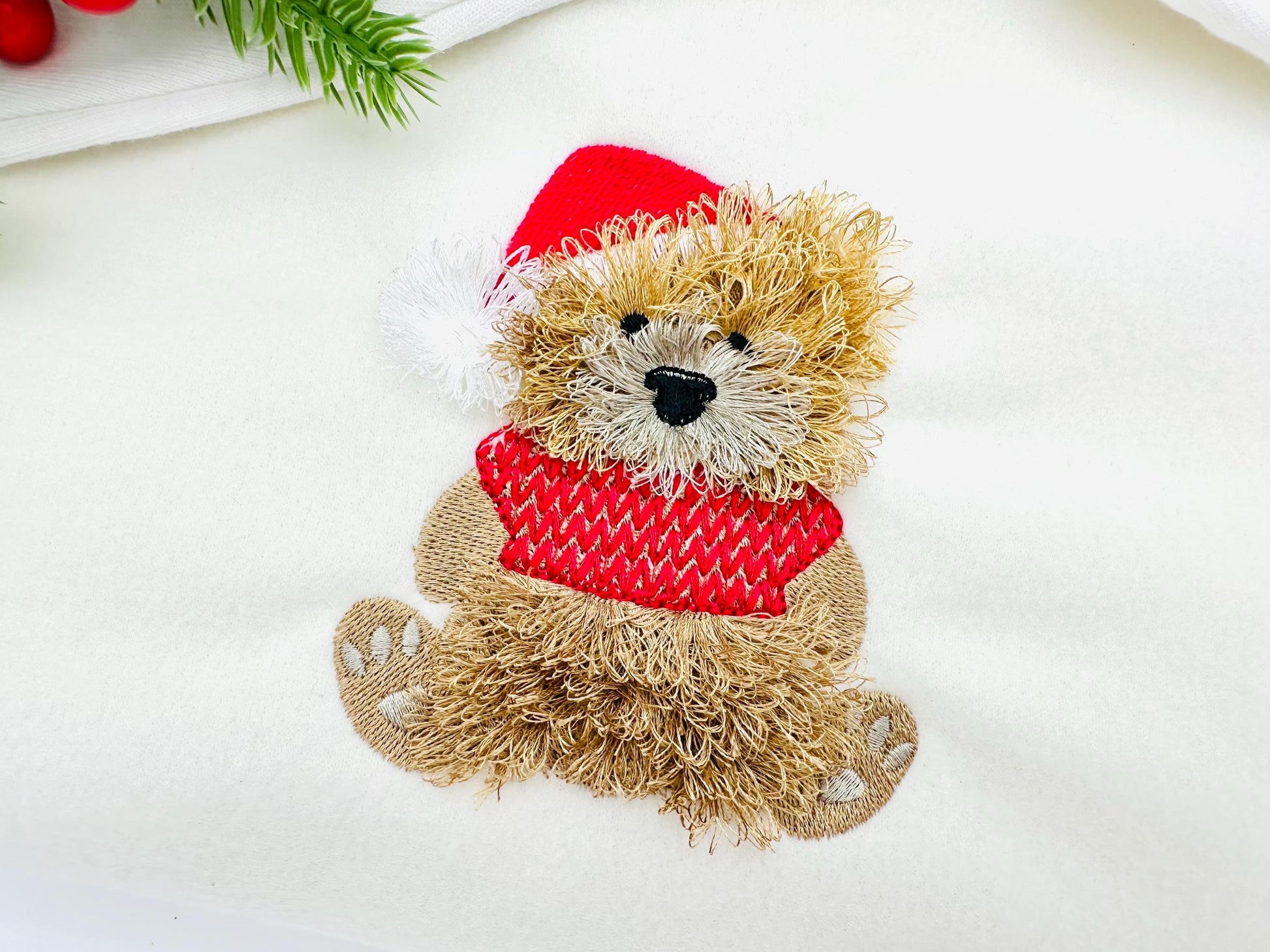 Fluffy Bear Dan With Santa Hat Knitted Sweater Fringed Chenille Teddy Bear Small Sizes Machine Embroidery Designs Christmas Animal Kids Boys