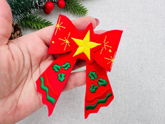 Christmas Star Bow 3D dimensional machine embroidery designs felt feltie design simply in the hoop ITH project kids girls accessory ornament