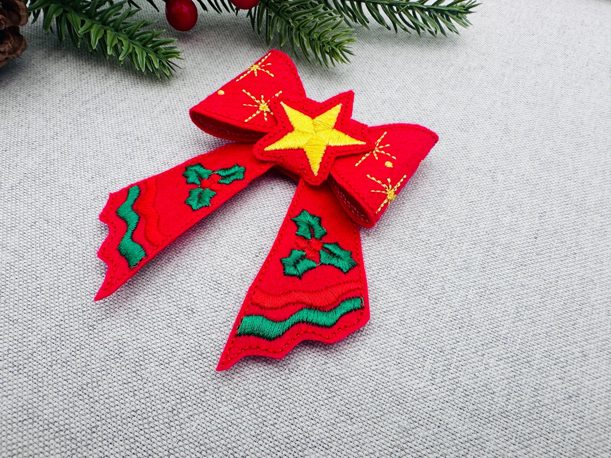 Christmas Star Bow 3D dimensional machine embroidery designs felt feltie design simply in the hoop ITH project kids girls accessory ornament
