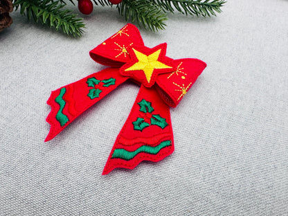 Christmas Star Bow 3D dimensional machine embroidery designs felt feltie design simply in the hoop ITH project kids girls accessory ornament