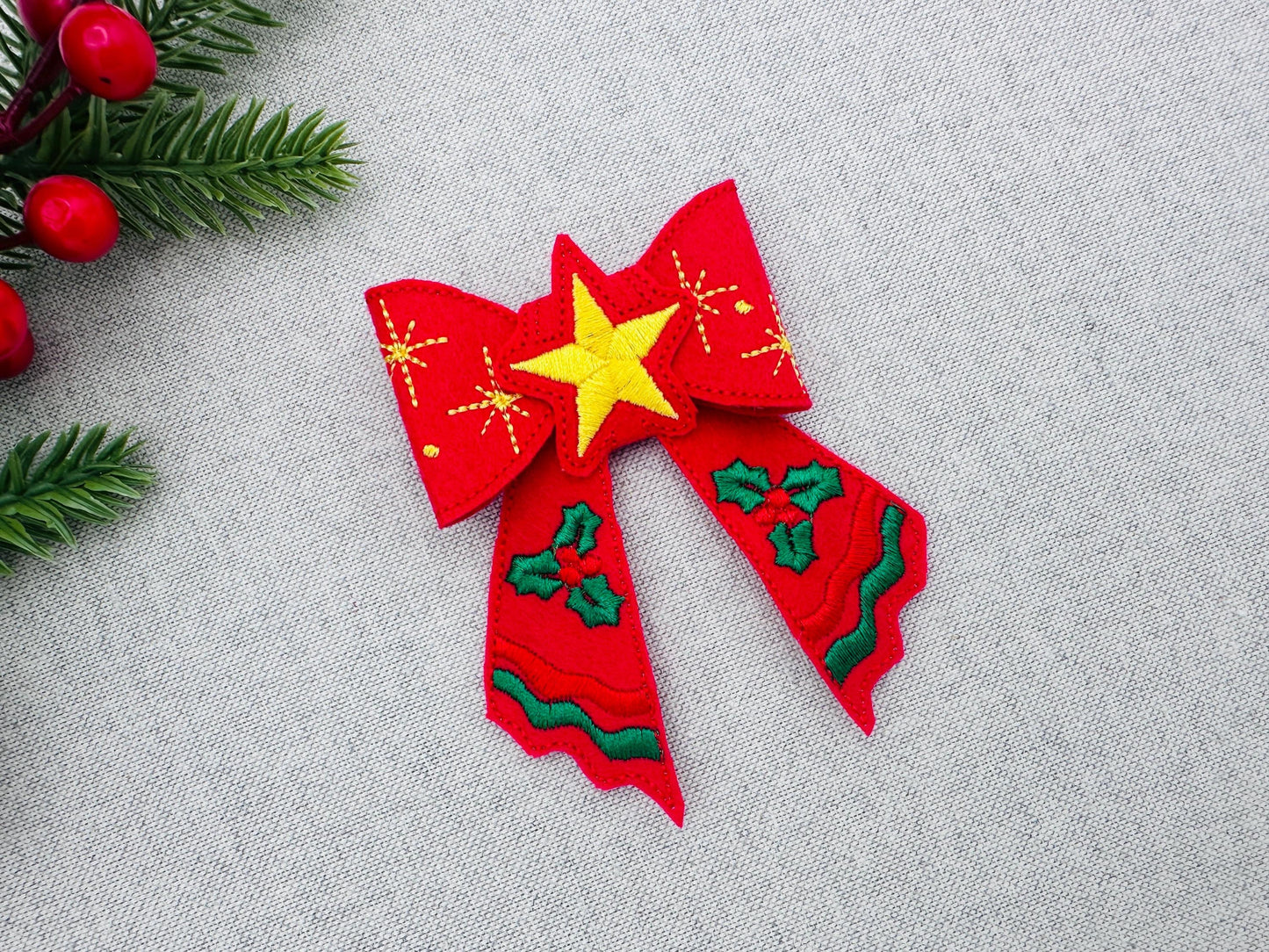 Christmas Star Bow 3D dimensional machine embroidery designs felt feltie design simply in the hoop ITH project kids girls accessory ornament