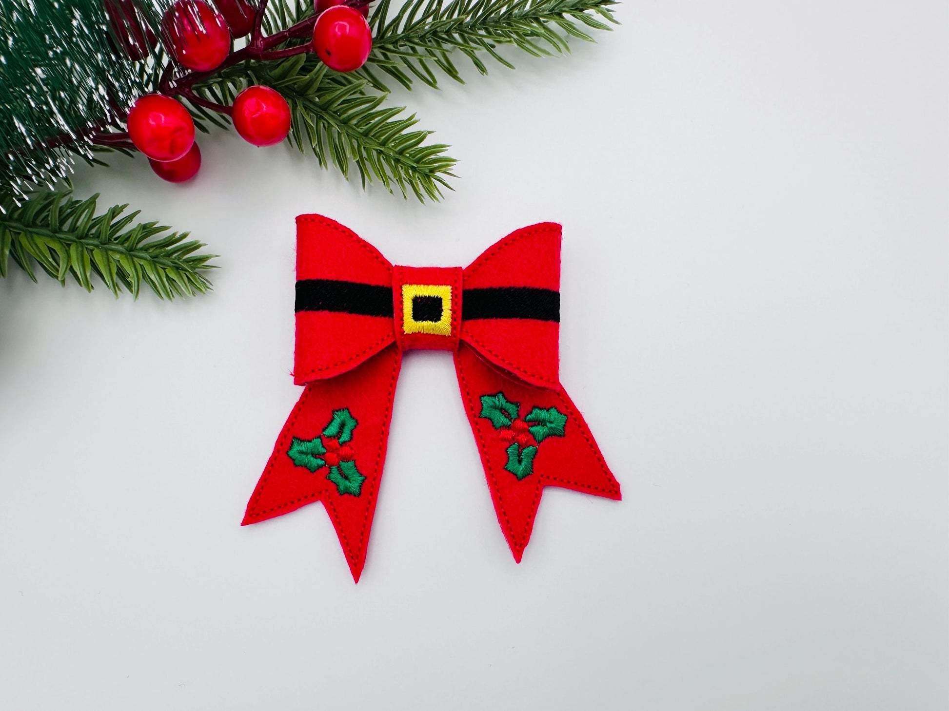 Christmas Santa Bow 3D dimensional machine embroidery designs felt feltie design simply in the hoop ITH project kids girls ornament hairclip