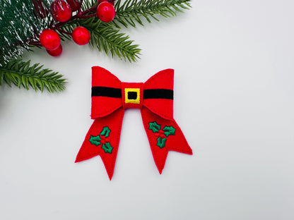 Christmas Santa Bow 3D dimensional machine embroidery designs felt feltie design simply in the hoop ITH project kids girls ornament hairclip