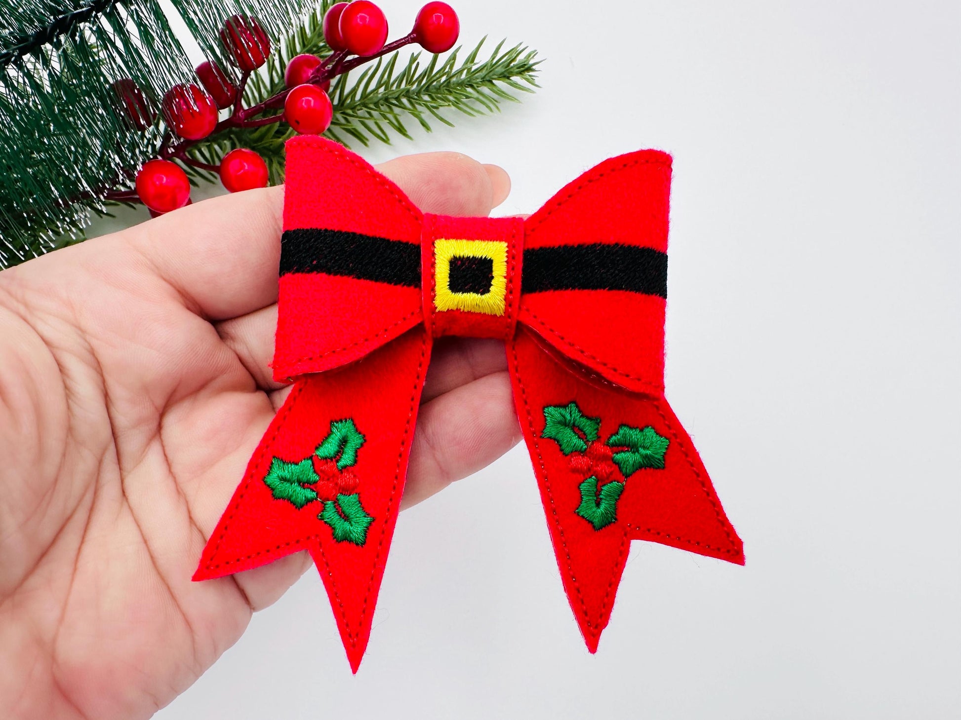Christmas Santa Bow 3D dimensional machine embroidery designs felt feltie design simply in the hoop ITH project kids girls ornament hairclip