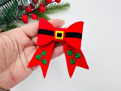Christmas Santa Bow 3D dimensional machine embroidery designs felt feltie design simply in the hoop ITH project kids girls ornament hairclip