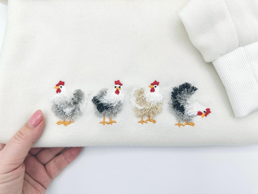 Mini Fringed Chicken SET of 4 Single Fluffy Chicken and Four Chickens in a Row Fringe Fluffy Chenille Farm Bird