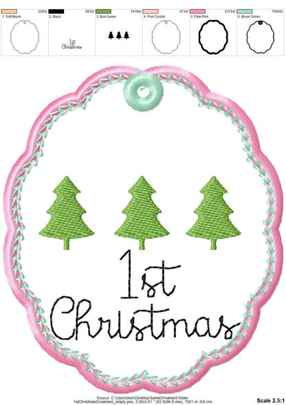 Classic Oval scalloped baby 1st Christmas Candy satin edge with Green Red thread  ornaments decoration design