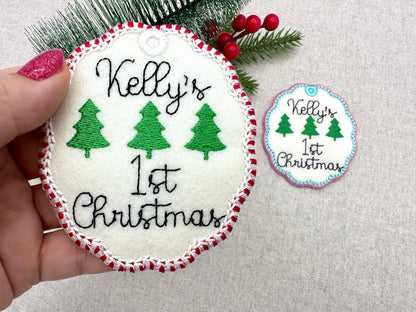 Classic Oval scalloped baby 1st Christmas Candy satin edge with Green Red thread  ornaments decoration design