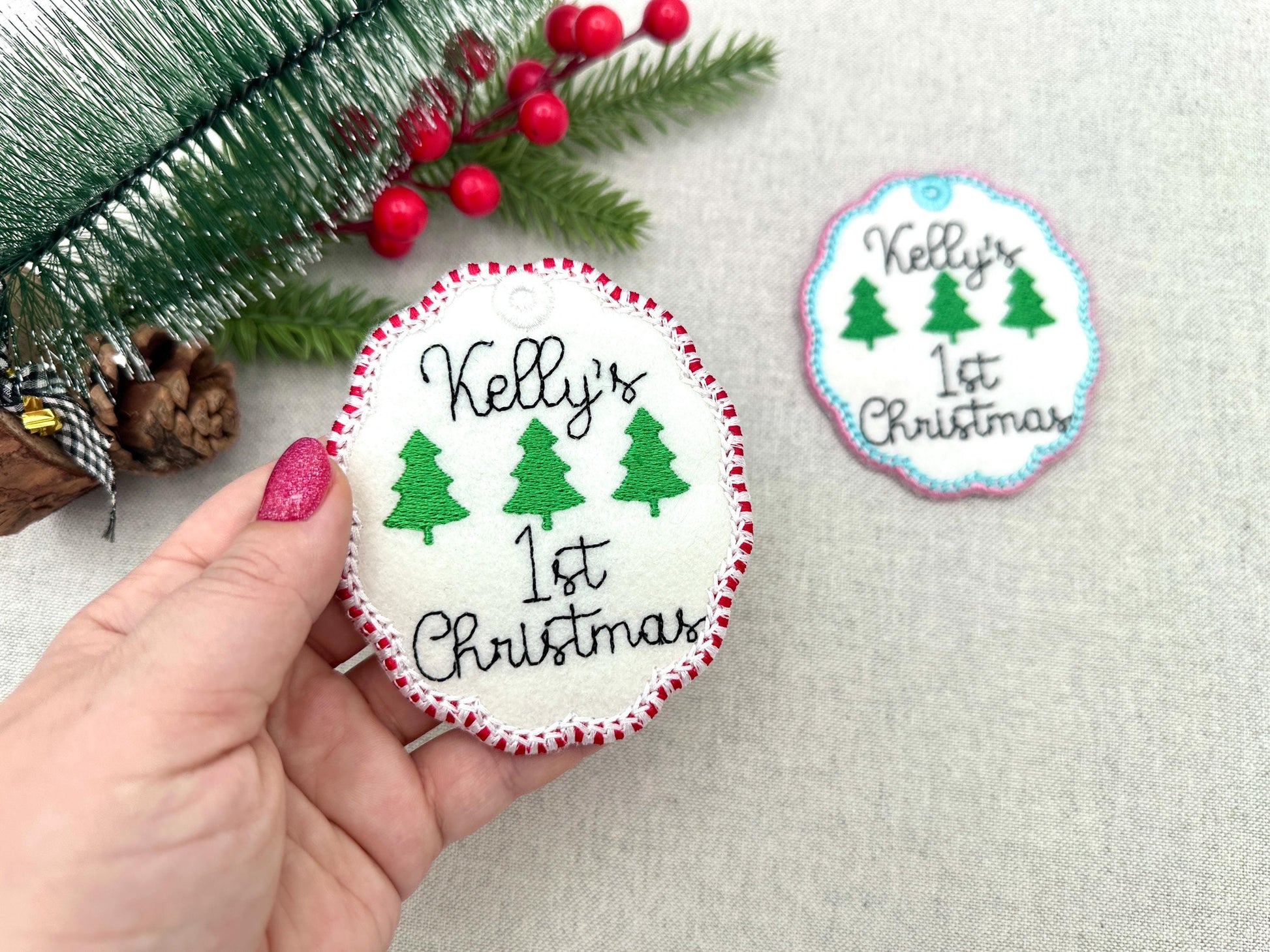 Classic Oval scalloped baby 1st Christmas Candy satin edge with Green Red thread  ornaments decoration design