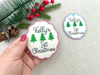 Classic Oval scalloped baby 1st Christmas Candy satin edge with Green Red thread  ornaments decoration design