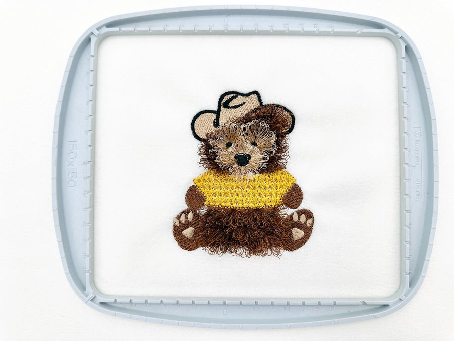 Fringed Fluffy Teddy Bear Dan With Cowboy Hat and Knit Sweater Kids Chenille Fringe Machine Embroidery Design