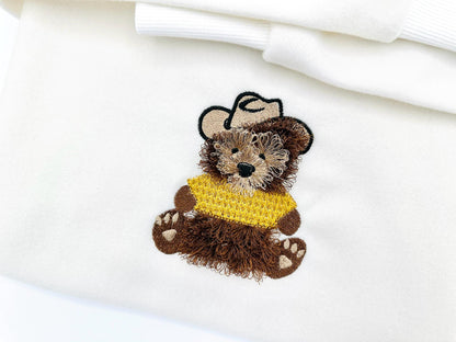Fringed Fluffy Teddy Bear Dan With Cowboy Hat and Knit Sweater Kids Chenille Fringe Machine Embroidery Design