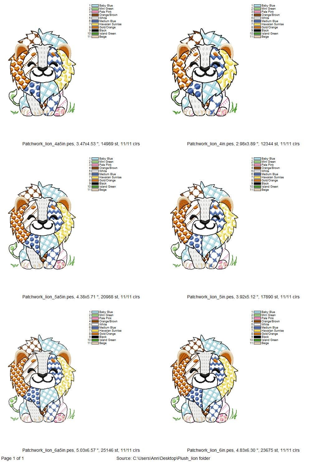 Cute little Patchwork Lion awesome patterned outline animal machine embroidery designs light stitch baby girls boys