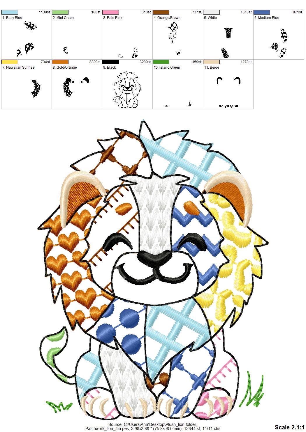 Cute little Patchwork Lion awesome patterned outline animal machine embroidery designs light stitch baby girls boys