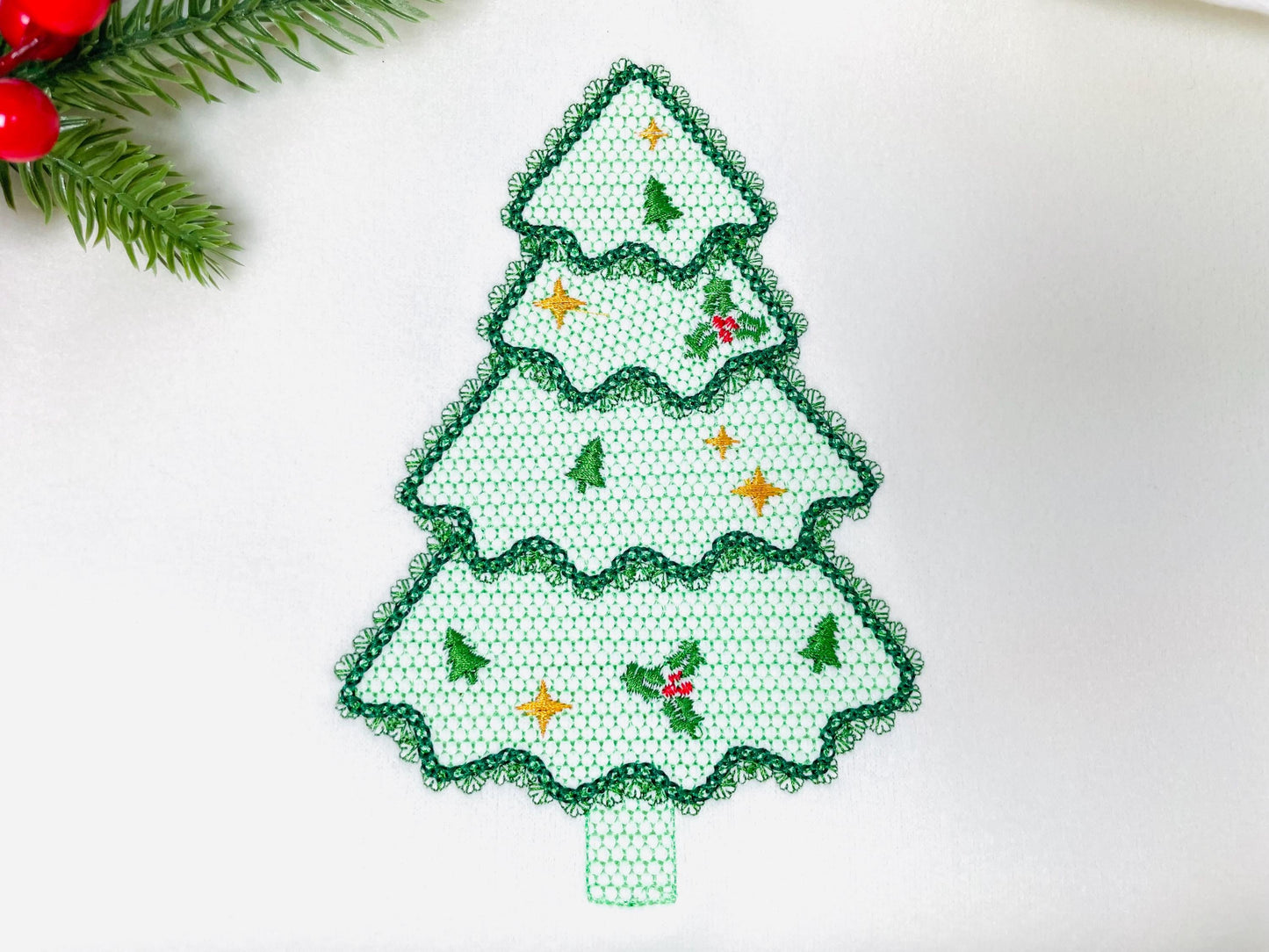 Floral Christmas Tree lace effect and awesome lace edge machine embroidery designs for hoop 5x7 6x10 8x8 sweet home decoration