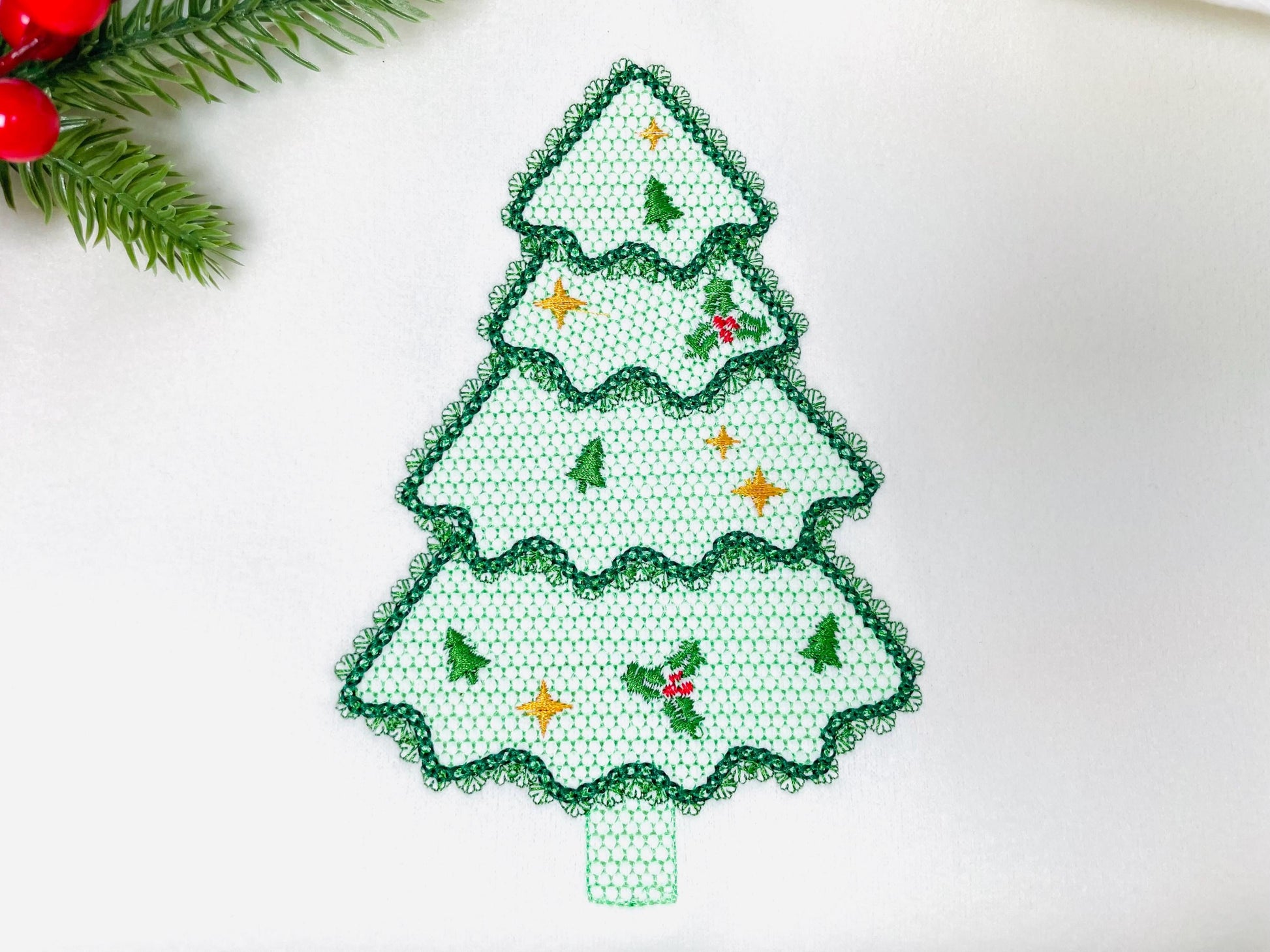 Floral Christmas Tree lace effect and awesome lace edge machine embroidery designs for hoop 5x7 6x10 8x8 sweet home decoration