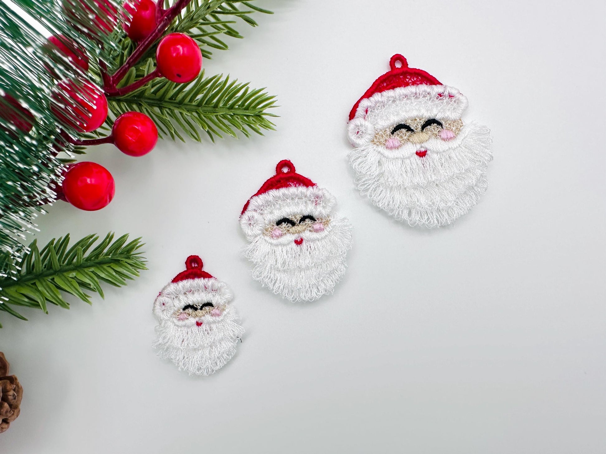 Christmas Santa Fringed Fluffy Earrings Charm Ornament in the Hoop FSL Freestanding Lace Kids Girls Machine Embroidery Designs