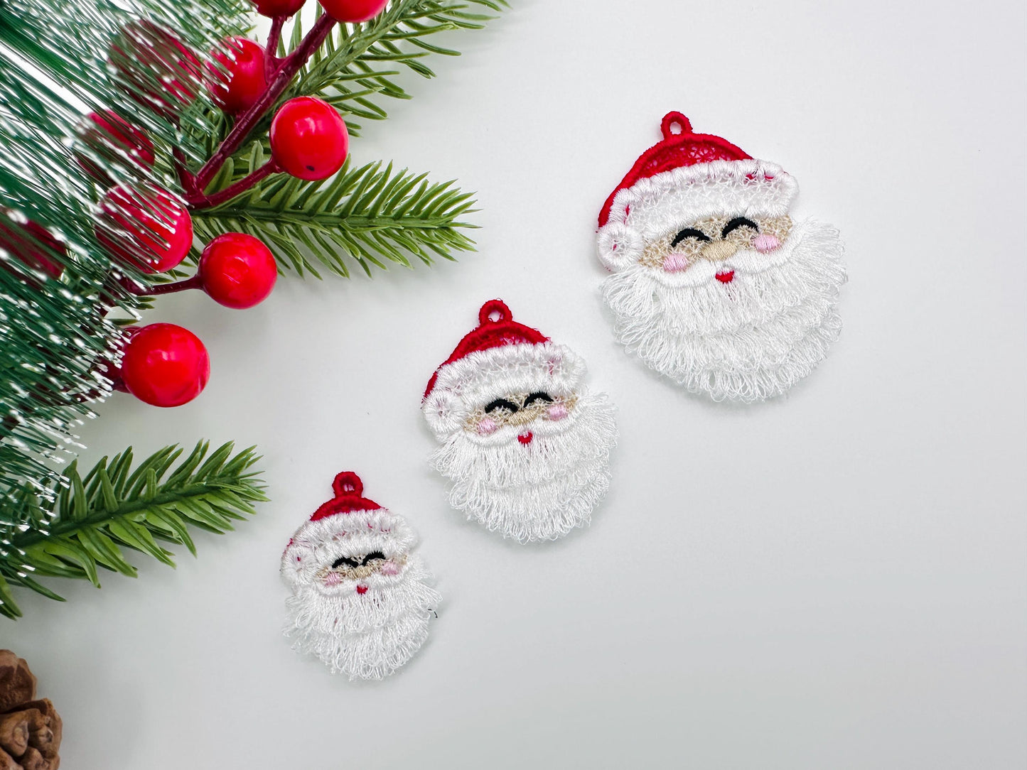 Christmas Santa Fringed Fluffy Earrings Charm Ornament in the Hoop FSL Freestanding Lace Kids Girls Machine Embroidery Designs