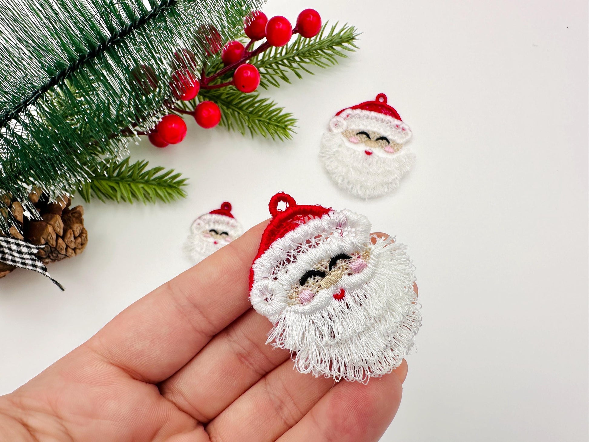 Christmas Santa Fringed Fluffy Earrings Charm Ornament in the Hoop FSL Freestanding Lace Kids Girls Machine Embroidery Designs