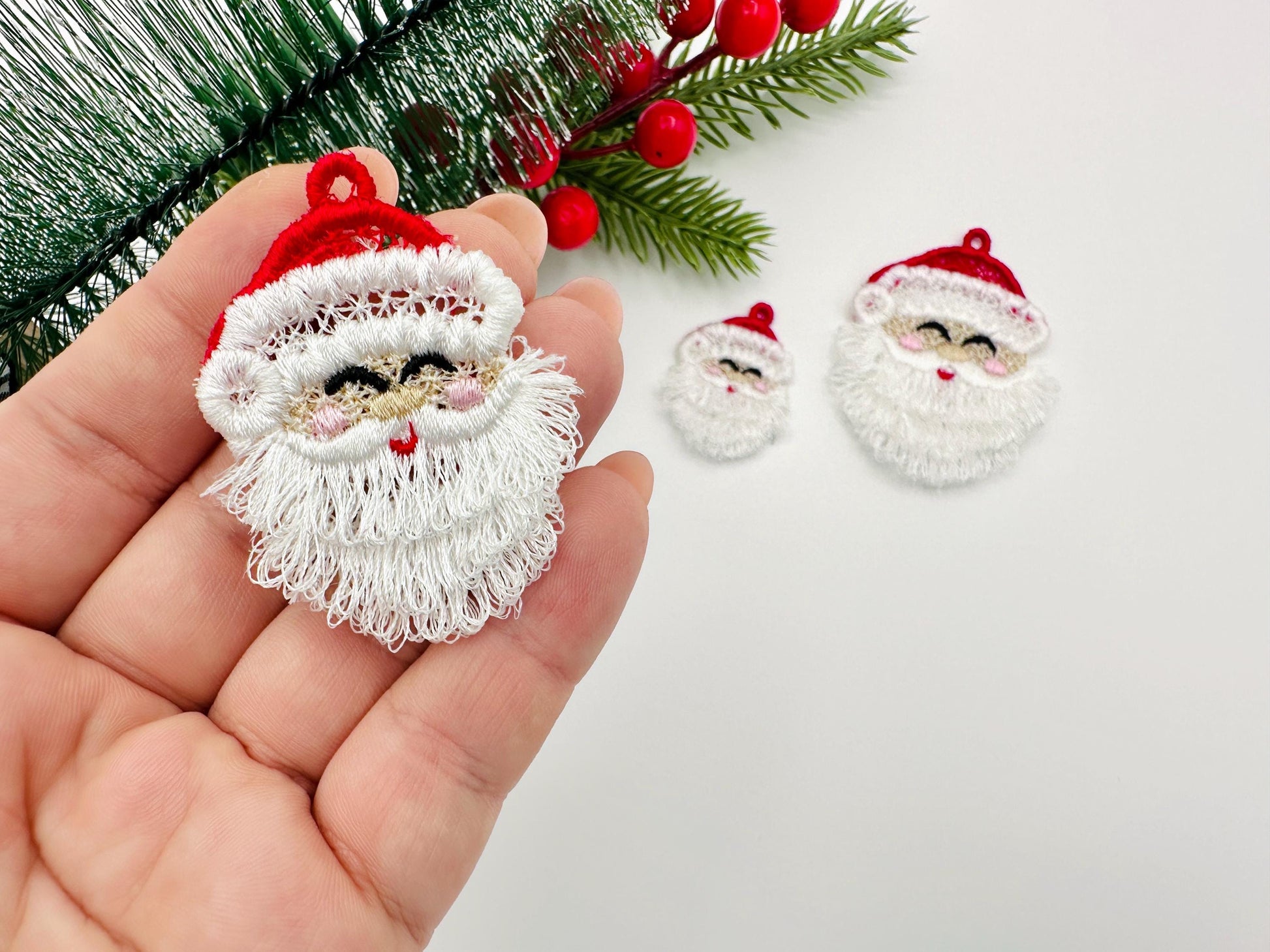 Christmas Santa Fringed Fluffy Earrings Charm Ornament in the Hoop FSL Freestanding Lace Kids Girls Machine Embroidery Designs