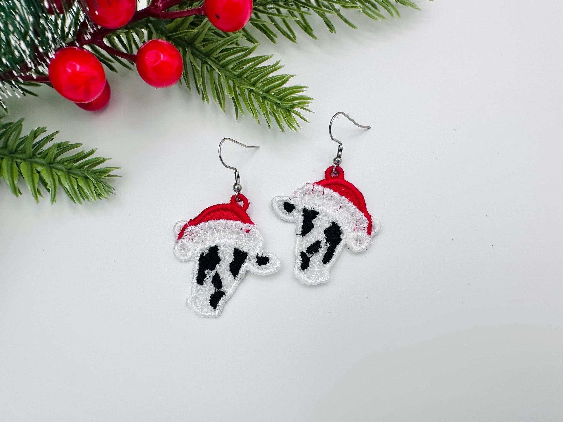 Christmas Santa Cow Earrings Charm gift tag FSL freestanding lace machine embroidery designs girls cowgirl farm animal simply in the hoop