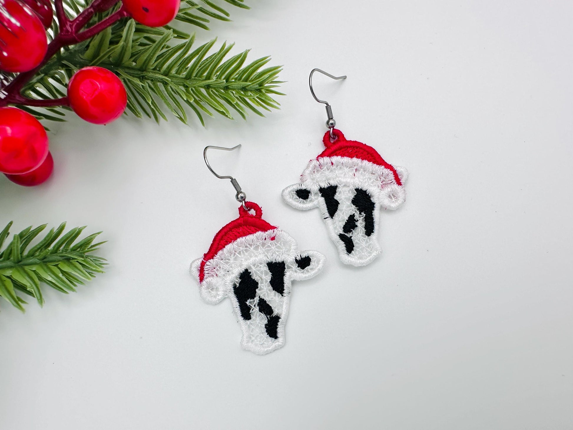 Christmas Santa Cow Earrings Charm gift tag FSL freestanding lace machine embroidery designs girls cowgirl farm animal simply in the hoop