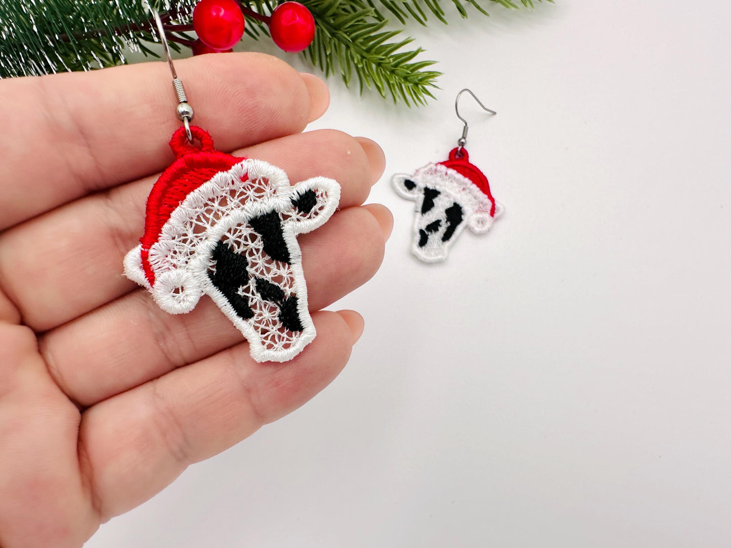 Christmas Santa Cow Earrings Charm gift tag FSL freestanding lace machine embroidery designs girls cowgirl farm animal simply in the hoop