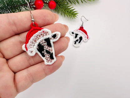 Christmas Santa Cow Earrings Charm gift tag FSL freestanding lace machine embroidery designs girls cowgirl farm animal simply in the hoop