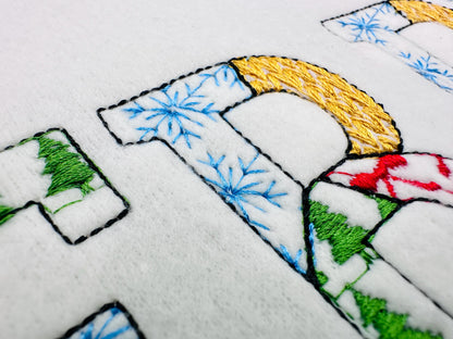 Christmas theme Patterned Block Font Patchwork alphabet Monogram letters numbers machine embroidery designs sizes 1.8 up to 3.5 inch, BX