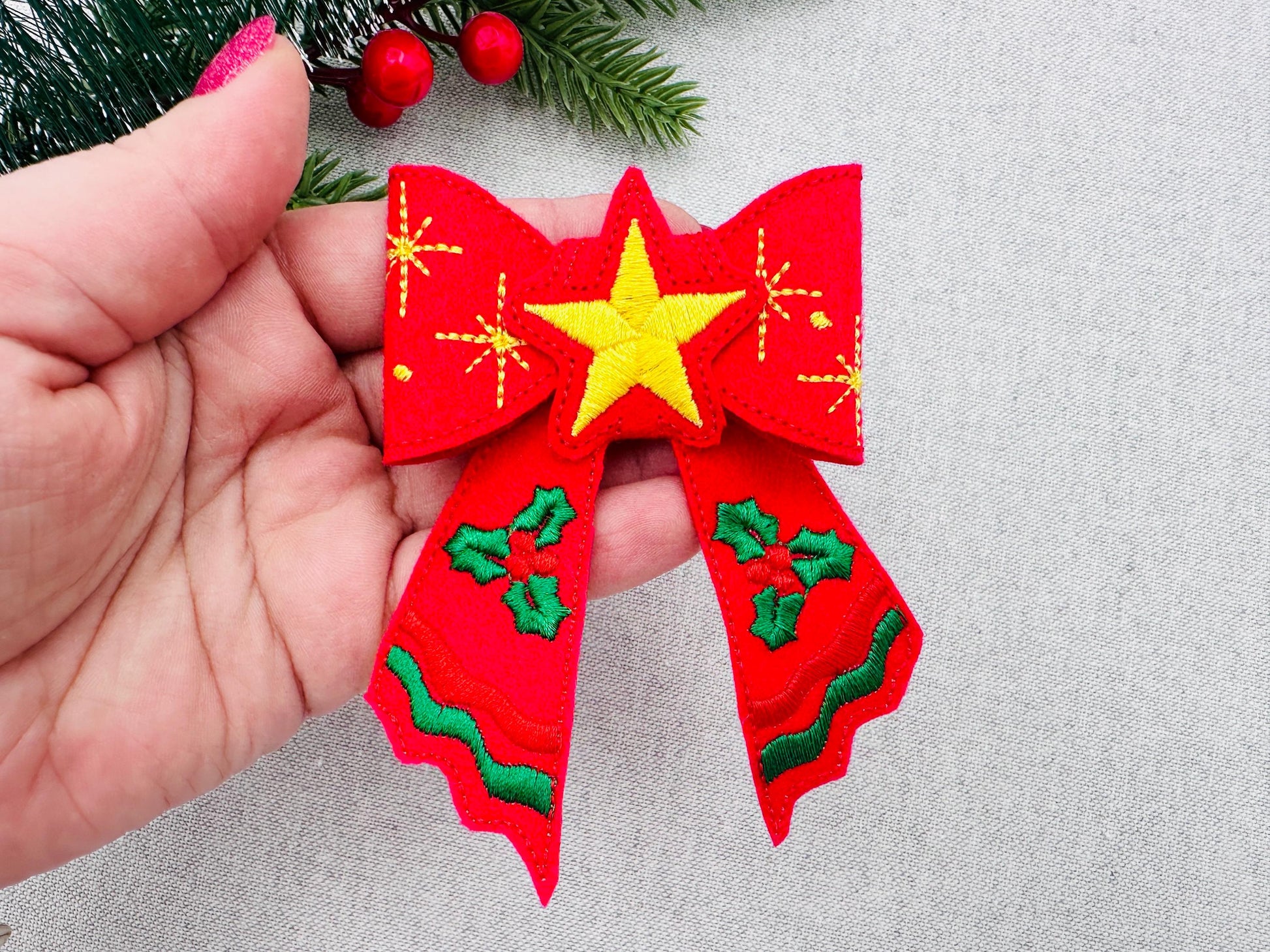Christmas Star Bow 3D dimensional machine embroidery designs felt feltie design simply in the hoop ITH project kids girls accessory ornament