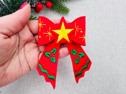 Christmas Star Bow 3D dimensional machine embroidery designs felt feltie design simply in the hoop ITH project kids girls accessory ornament